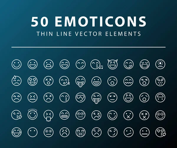Set de 50 Emoticones de Línea Mínima Delgada sobre Fondo Oscuro. Elementos vectoriales aislados — Archivo Imágenes Vectoriales