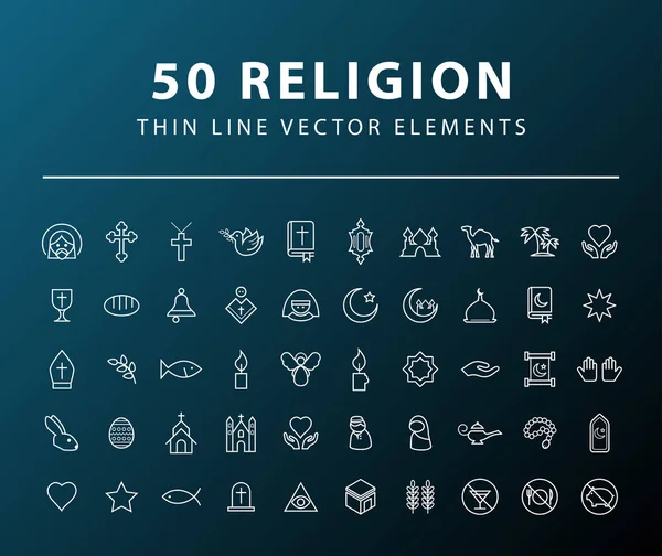 Набір з 50 мінімальних піктограм релігії тонкої лінії на темному тлі. Ізольовані Векторні елементи — стоковий вектор