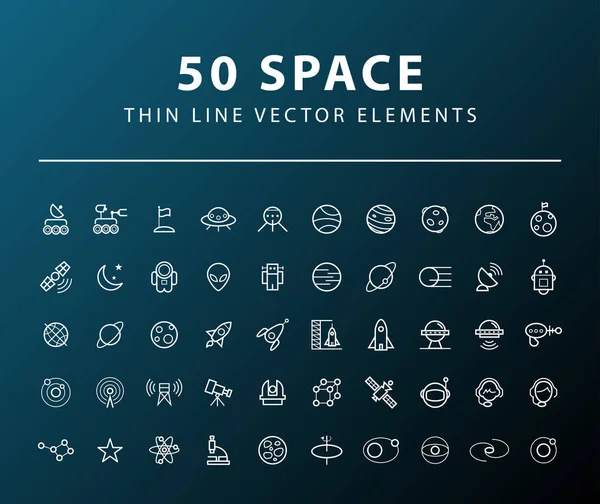 Conjunto de 50 iconos espaciales de línea delgada mínima sobre fondo oscuro. Elementos vectoriales aislados — Vector de stock