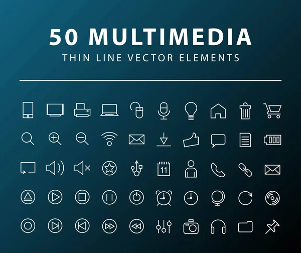 Conjunto de 50 iconos multimedia de línea delgada mínima sobre fondo oscuro. Elementos vectoriales aislados — Archivo Imágenes Vectoriales