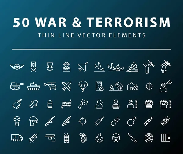 Набір з 50 мінімальних тонких ліній війни та піктограм тероризму на темному тлі. Ізольовані Векторні елементи — стоковий вектор