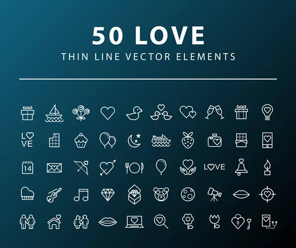 Set of 50 Minimal Valentine 's Day Icons on Dark Background. Изолированные векторные элементы — стоковый вектор