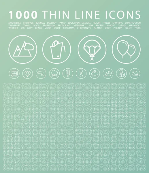 Set von 1000 isolierten Minimal Modern Simple Elegant White Icons auf runden Tasten. Vektorelemente auf grünem Hintergrund — Stockvektor
