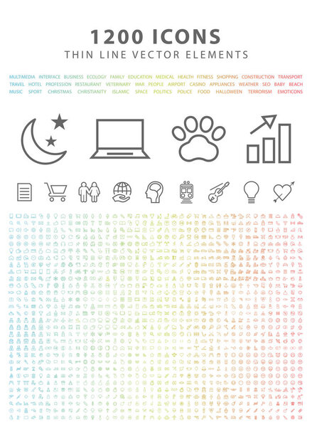 Набор из 1200 стандартных универсальных минимальных простейших иконок на белом фоне