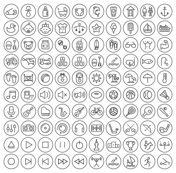Conjunto de 100 iconos de línea delgada negra elegante moderna universal mínima en botones circulares (bebé, playa, música y deporte) sobre fondo blanco — Vector de stock