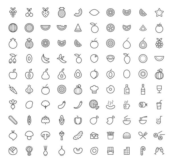 Conjunto de 100 iconos de trazo blanco elegantes modernos mínimos aislados (frutas, verduras y otros alimentos ). — Vector de stock
