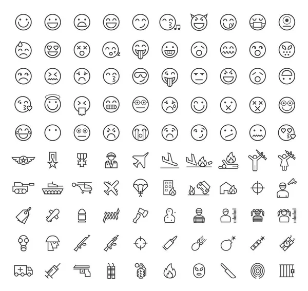 Set of 100 Isolated Minimal Modern Simple Elegant Black Stroke Icons on Circles on White Background (Emoticons, War and Terrorism ) - Stok Vektor