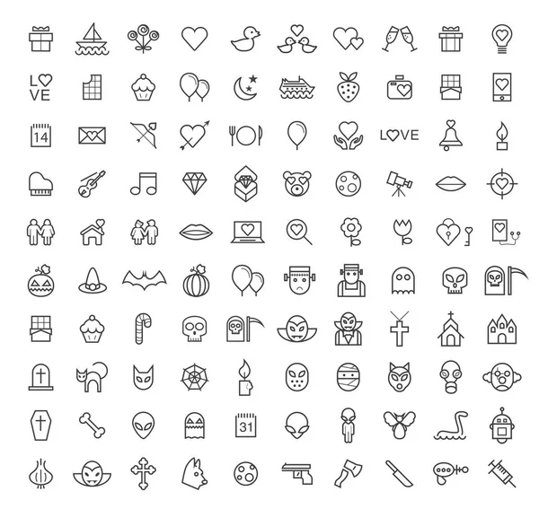 Conjunto de 100 iconos de trazo negro elegante moderno minimalista aislado sobre fondo blanco (Día de San Valentín, Halloween y elementos de miedo ) — Vector de stock