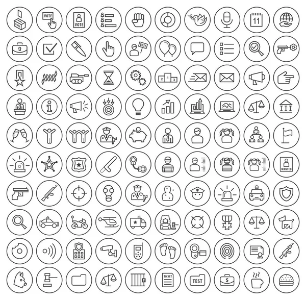 Conjunto de 100 iconos de línea delgada negra elegante moderna universal mínima en botones circulares (política y policía) sobre fondo blanco — Vector de stock