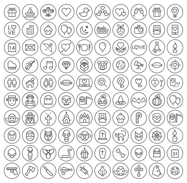 Conjunto de 100 iconos de trazo negro elegante moderno minimalista aislado en botones circulares sobre fondo blanco (Día de San Valentín, Halloween y elementos de miedo ) — Vector de stock