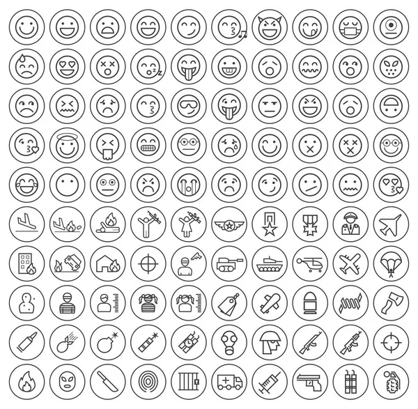 Set mit 100 isolierten Minimal Modern Simple Elegante schwarze Striche Symbole auf Kreisen auf weißem Hintergrund (Emoticons, Krieg und Terrorismus ) — Stockvektor