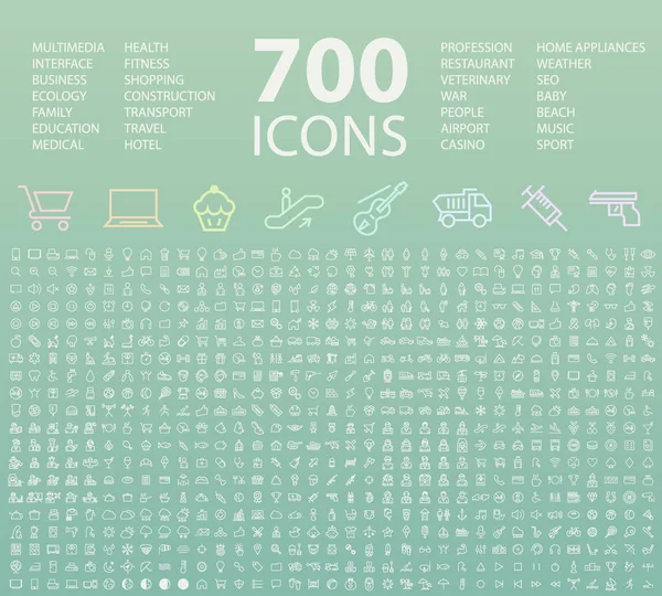 Set de 700 iconos de línea fina blanca elegante aislados universales mínimos en botones circulares sobre fondo de color — Vector de stock
