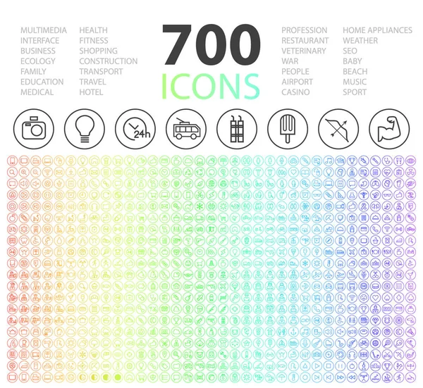 Set 700 Minimal Universal Izolované moderní elegantní tenké čáry ikony na kruhové tlačítka na bílém pozadí — Stockový vektor