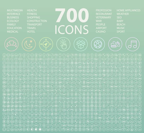 Set de 700 iconos de línea fina blanca elegante aislados universales mínimos en botones circulares sobre fondo de color — Archivo Imágenes Vectoriales