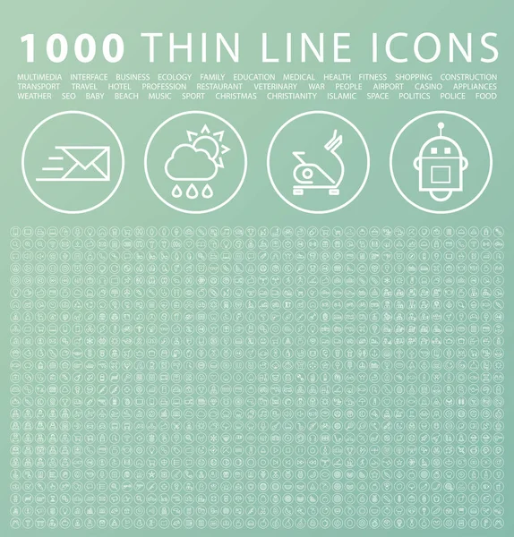 Set von 1000 isolierten Minimal Modern Simple Elegant White Stroke Icons auf runden Tasten auf farbigem Hintergrund — Stockvektor