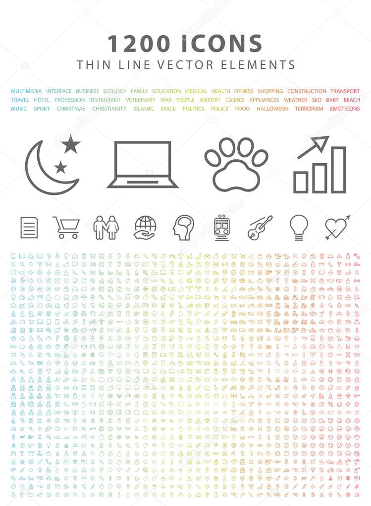 Set of 1200 Quality Universal Standard Minimal Simple Thin Line Icons on White Background