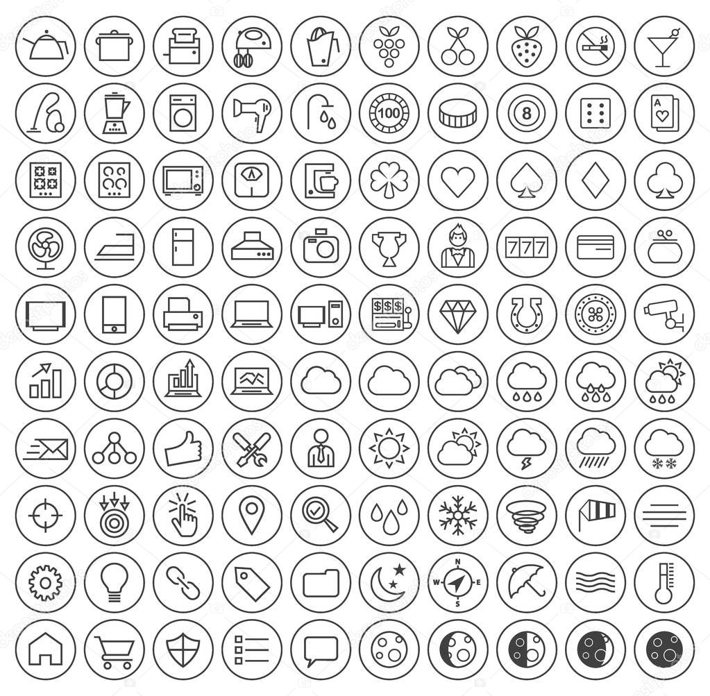 Set of 100 Minimal Universal Modern Elegant Black Thin Line Icons on Circular Buttons ( Casino , Home Appliances , Weather , SEO and Development ) on White Background