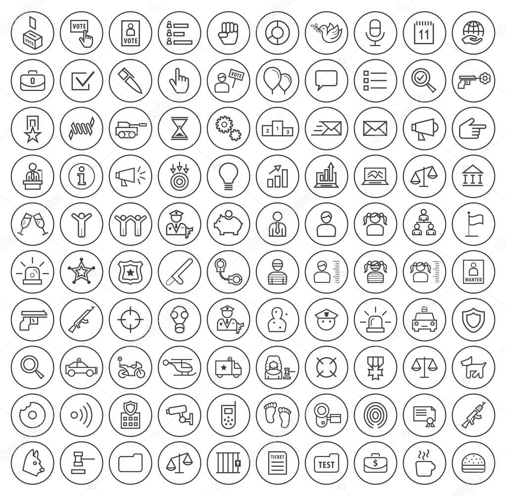 Set of 100 Minimal Universal Modern Elegant Black Thin Line Icons on Circular Buttons ( Politics and Police ) on White Background