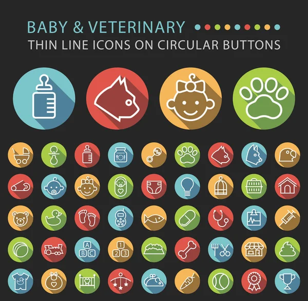 Set 45 Elegan Universal White Baby and Veterinary Minimalistic Thin Line Icons on Circular Colored Buttons on Black Background - Stok Vektor