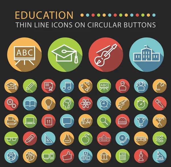 Set 45 Iconos de línea delgada minimalistas de educación blanca universal elegante sobre botones circulares de color sobre fondo negro — Vector de stock