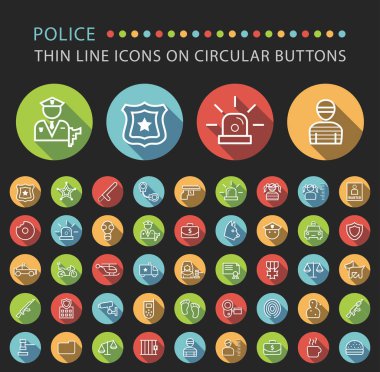 Dairesel renkli düğmeler siyah arka plan üzerinde 45 zarif evrensel beyaz polis minimalist ince çizgi Icons set