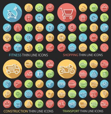 Set of 80 Universal Flat Minimalistic Thin Line Icons on Circular Colored Buttons (Fitness , Shopping , Construction and Transport Icons) on Black Background clipart