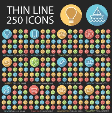 Set 250 Dairesel Renkli Düğmeler Üzerinde Evrensel Düz Minimalist İnce Çizgi Simgeler ( İş , Multimedya , Eğitim , Ekoloji , Tıp , Fitness , Alışveriş , İnşaat , Ulaşım )