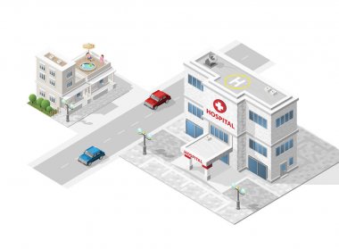İzometrik vektör konut ve hastane izole