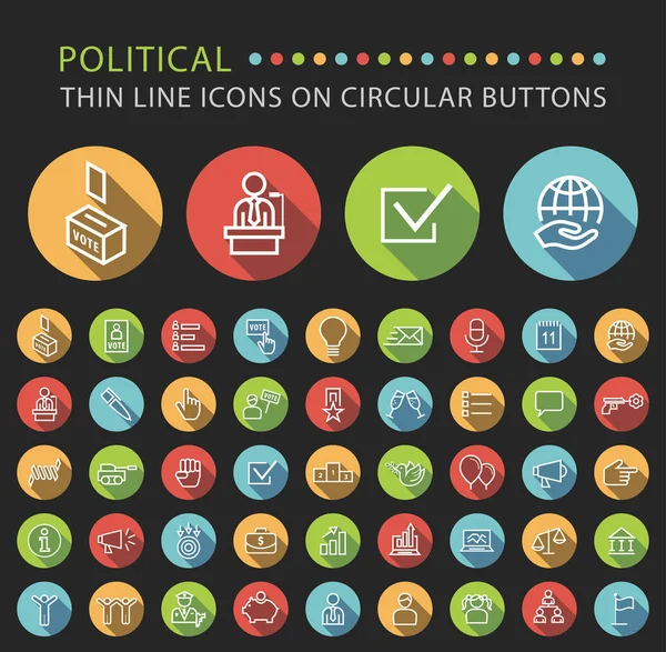 在黑色背景上的圆形彩色按钮上设置 45 优雅的普遍的白色的政治的简约的细的线图标 — 图库矢量图片