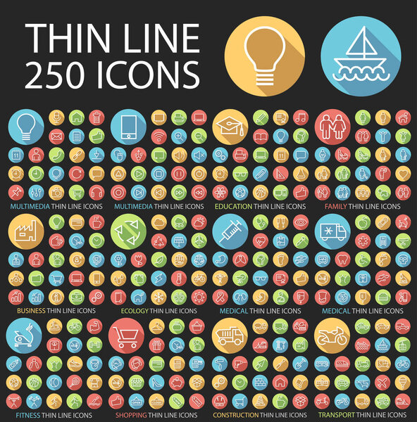 Набор из 250 универсальных плоских минимистических икон тонкой линии на круговых цветных кнопках (бизнес, мультимедиа, образование, экология, медицина, фитнес, шопинг, строительство, транспорт
 )