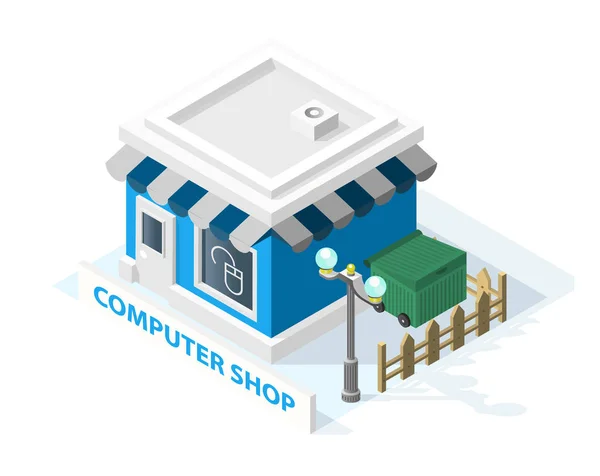 Negozio di computer con fontana vettoriale isolata su sfondo bianco — Vettoriale Stock