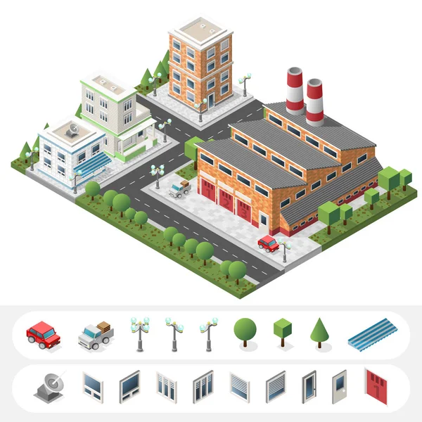 Conjunto de elementos aislados de ciudad isométrica de alta calidad sobre fondo blanco — Vector de stock