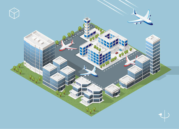 Набор изолированных высококачественных изометрических элементов города на синем фоне
