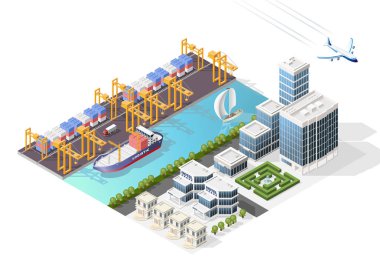 İzole edilmiş Yüksek Kalite Isometric Şehir Elementleri. Beyaz Arkaplanda Gölgeli Liman