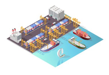İzole edilmiş Yüksek Kalite Isometric Şehir Elementleri. Beyaz Arkaplanda Gölgeli Liman