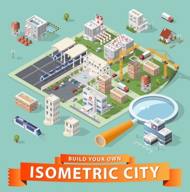İzole edilmiş Yüksek Kalite Beyaz Arkaplanda Isometric Şehir Elementleri