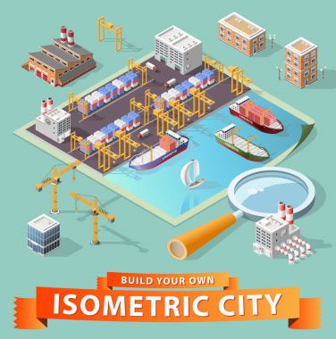 İzole edilmiş Yüksek Kalite Isometric Şehir Elementleri. Beyaz Arkaplanda Gölgeli Liman