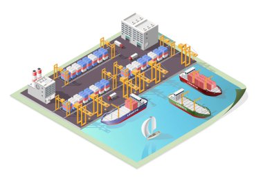 İzole edilmiş Yüksek Kalite Isometric Şehir Elementleri. Beyaz Arkaplanda Gölgeli Liman