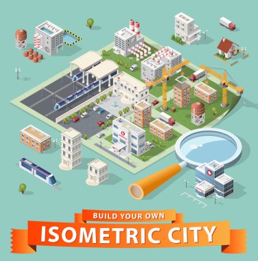 İzole edilmiş Yüksek Kalite Beyaz Arkaplanda Isometric Şehir Elementleri