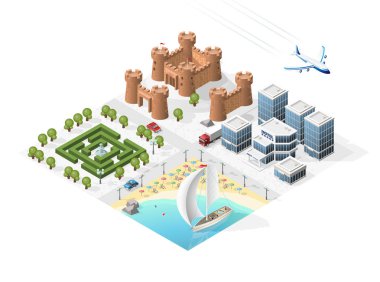 İzole edilmiş Yüksek Kalite Beyaz Arkaplanda Isometric Şehir Elementleri