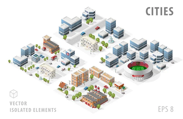 İzole edilmiş Isometric Gerçekçi Şehir Haritaları. Beyaz Arkaplanda Gölgeli Elementler