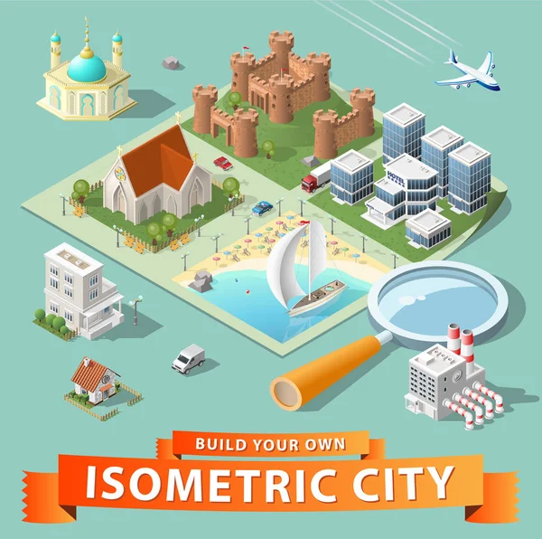 Építsd fel a saját izometrikus városod. Vektorelemek — Stock Vector