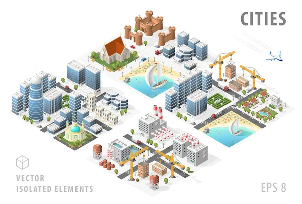 İzole edilmiş Isometric Gerçekçi Şehir Haritaları. Beyaz Arkaplanda Gölgeli Elementler