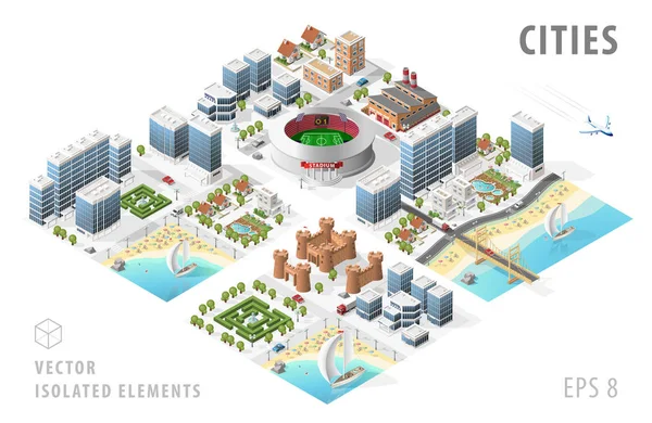 İzole edilmiş Isometric Gerçekçi Şehir Haritaları. Beyaz Arkaplanda Gölgeli Elementler