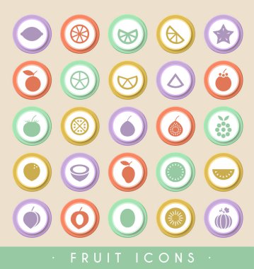 Dairesel Renkli Düğmelere 25 Meyve Simgesi. Vektör izole elementler.