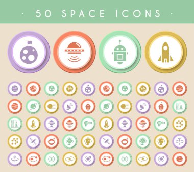 Dairesel Renkli Düğmeler Üzerine 50 Uzay Simgesi. Vektör izole elementler