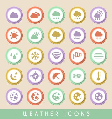 Dairesel Renkli Düğmelere Hava Simgeleri. Vektör izole elementler.