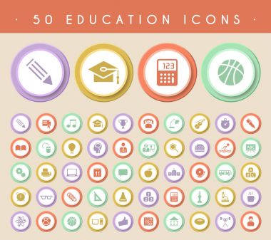 Dairesel renkli düğmeler üzerinde eğitim simgeler kümesi. Elemanları izole vektör.