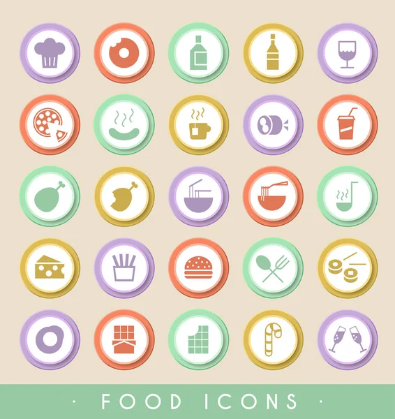 Set de 25 iconos de comida en botones circulares de colores. Elementos aislados vectoriales. — Vector de stock