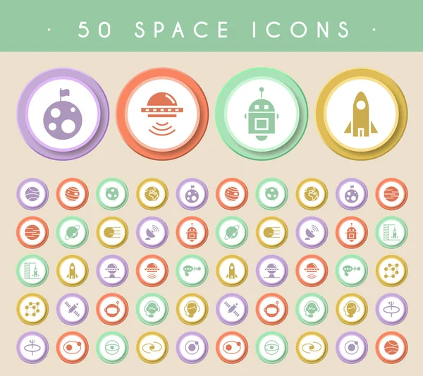Conjunto de 50 iconos del espacio en botones circulares de colores. Elementos aislados vectoriales — Archivo Imágenes Vectoriales